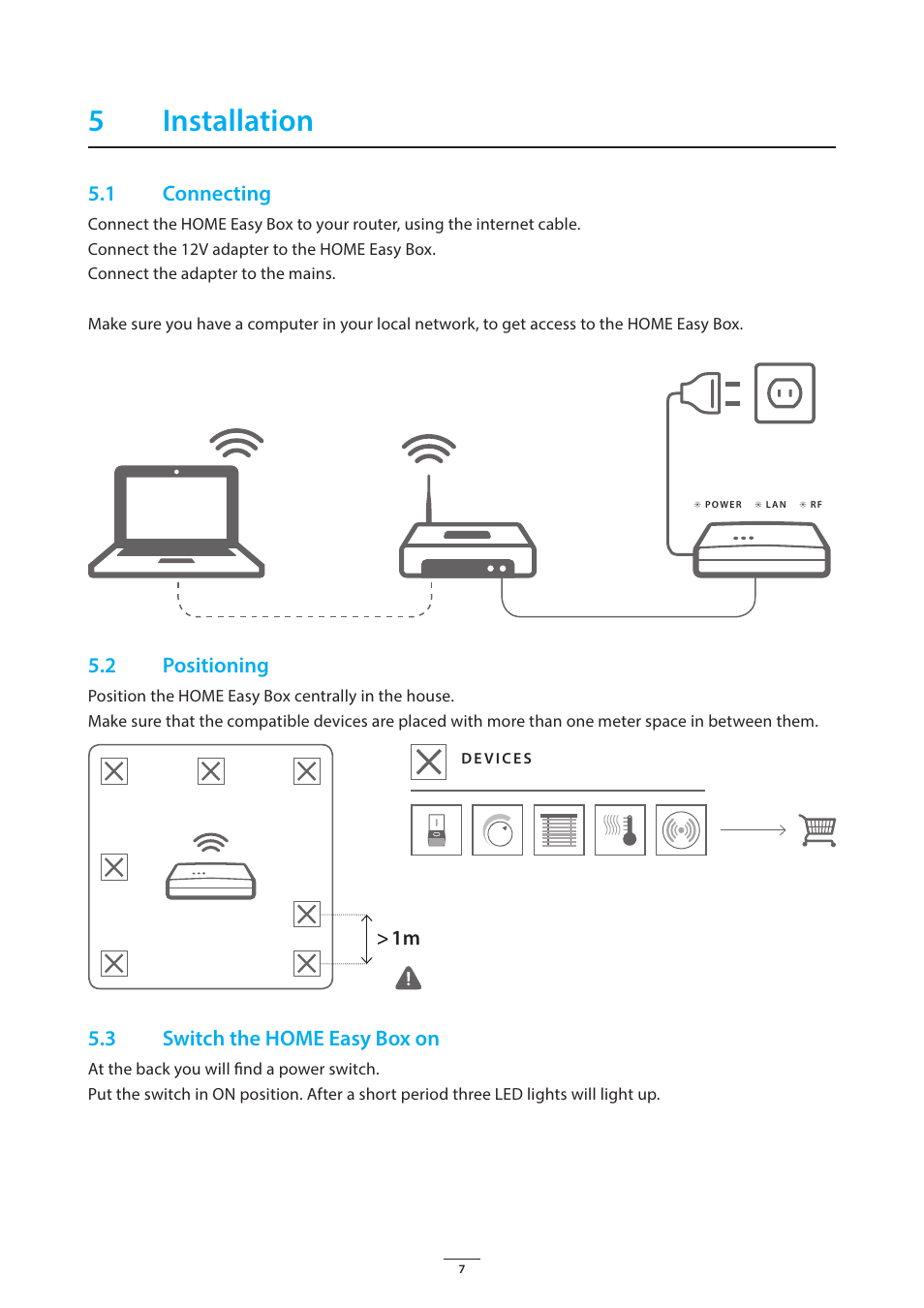 5installation, 1 connecting, 2 positioning | 3 switch the home easy box on | ELRO HE840IP Home automation gateway USERS MANUAL User Manual | Page 7 / 20