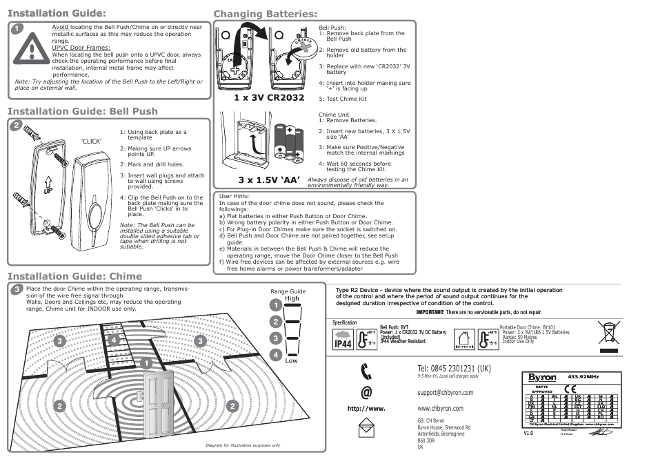 Installation guide, Changing batteries, Click | ELRO BY101 Portable wireless door chime User Manual | Page 2 / 2