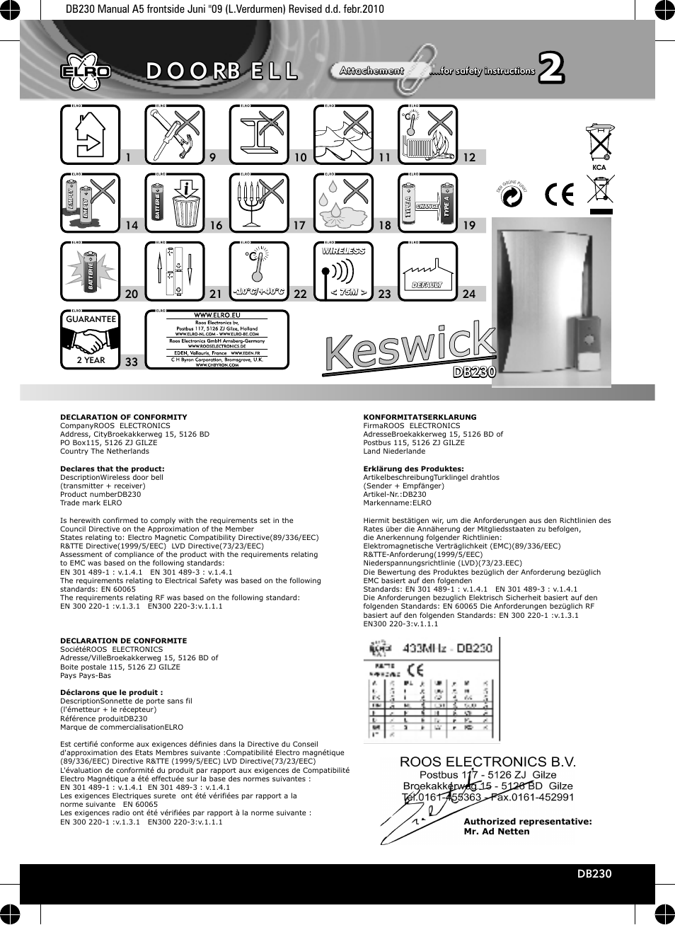 ELRO DB230 Wireless design stainless steel doorbell keswick User Manual | 2 pages