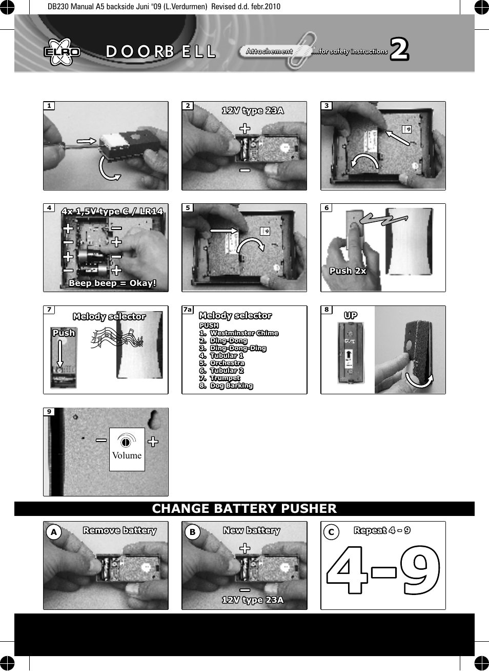 D o o rb e l l, Change battery pusher | ELRO DB230 Wireless design stainless steel doorbell keswick User Manual | Page 2 / 2