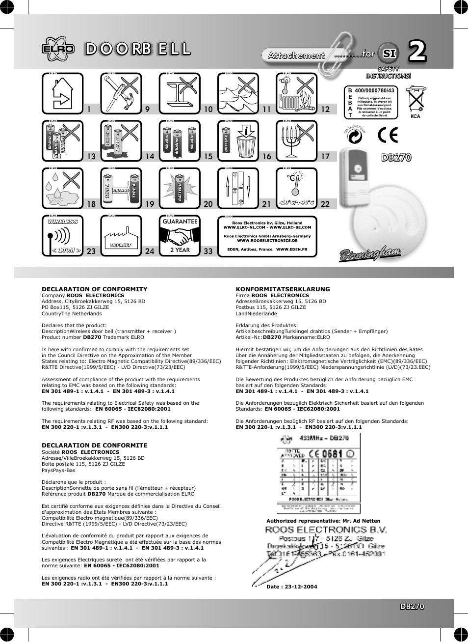 ELRO DB270 Electronic doorbell birmingham User Manual | 2 pages