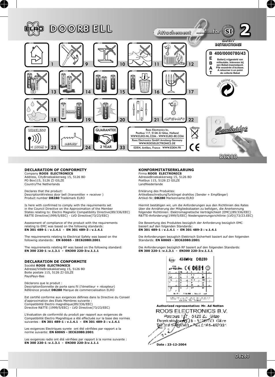 ELRO DB280 Wireless door bell cambridge User Manual | 2 pages