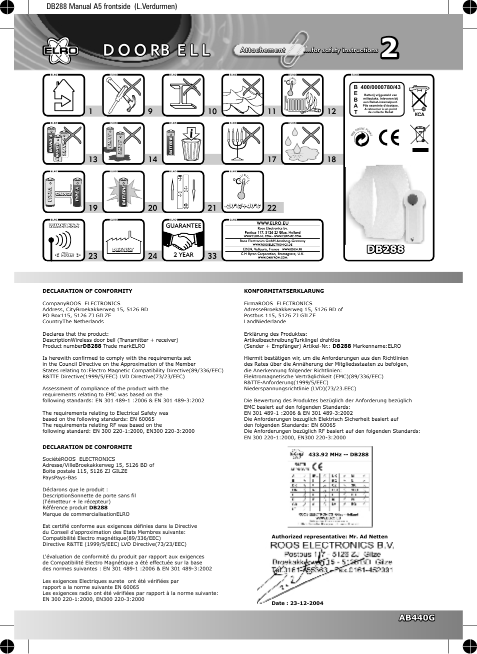 ELRO DB288 Wireless doorbell User Manual | 2 pages