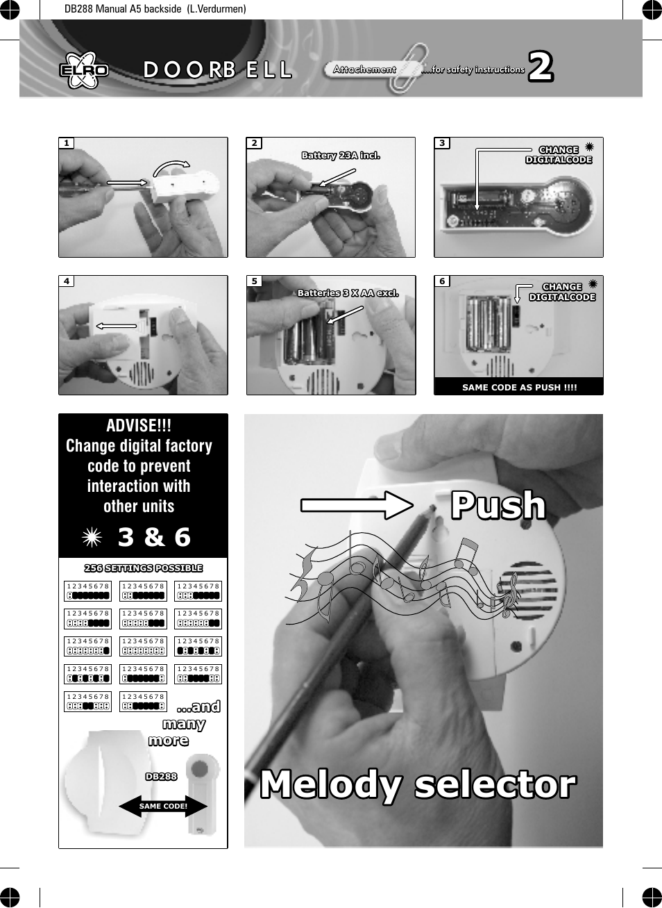 Melody selector, Push, D o o rb e l l | ELRO DB288 Wireless doorbell User Manual | Page 2 / 2