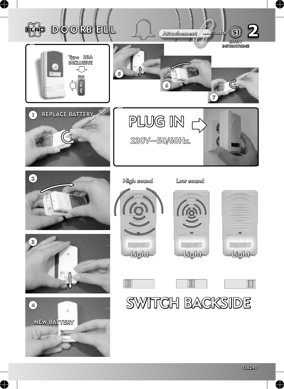 Plug in, Switch backside, D o o rb e l l | Light | ELRO DB290 Wireless door bell ipswich User Manual | Page 2 / 2