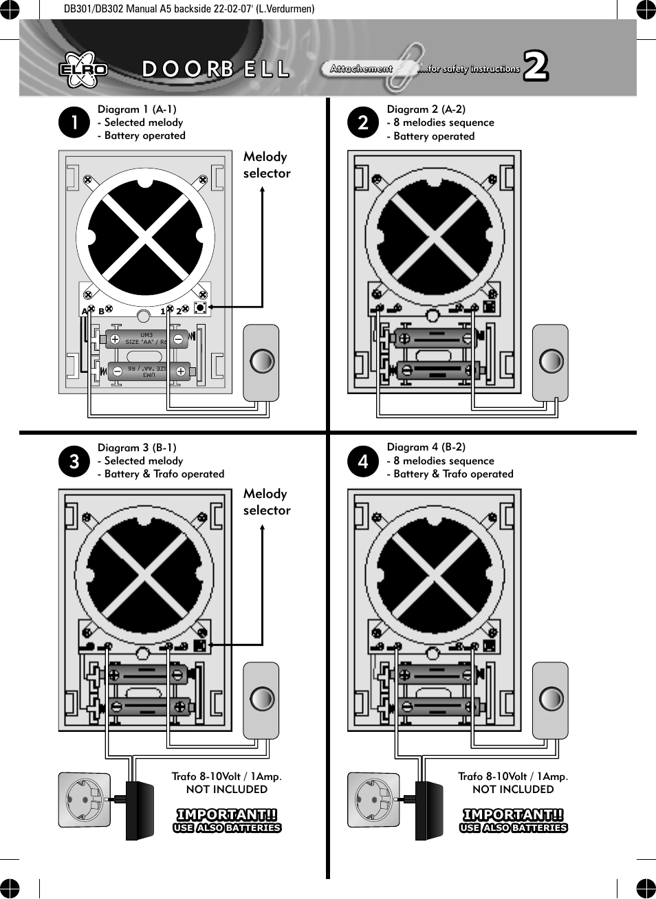 D o o rb e l l, Melody selector, Important | ELRO DB301 Electronic doorbell oxford User Manual | Page 2 / 2