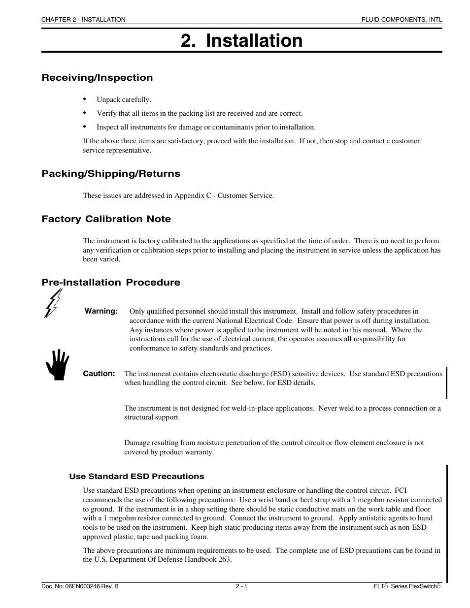 Installation | Fluid Components International FLT Series User Manual | Page 11 / 65