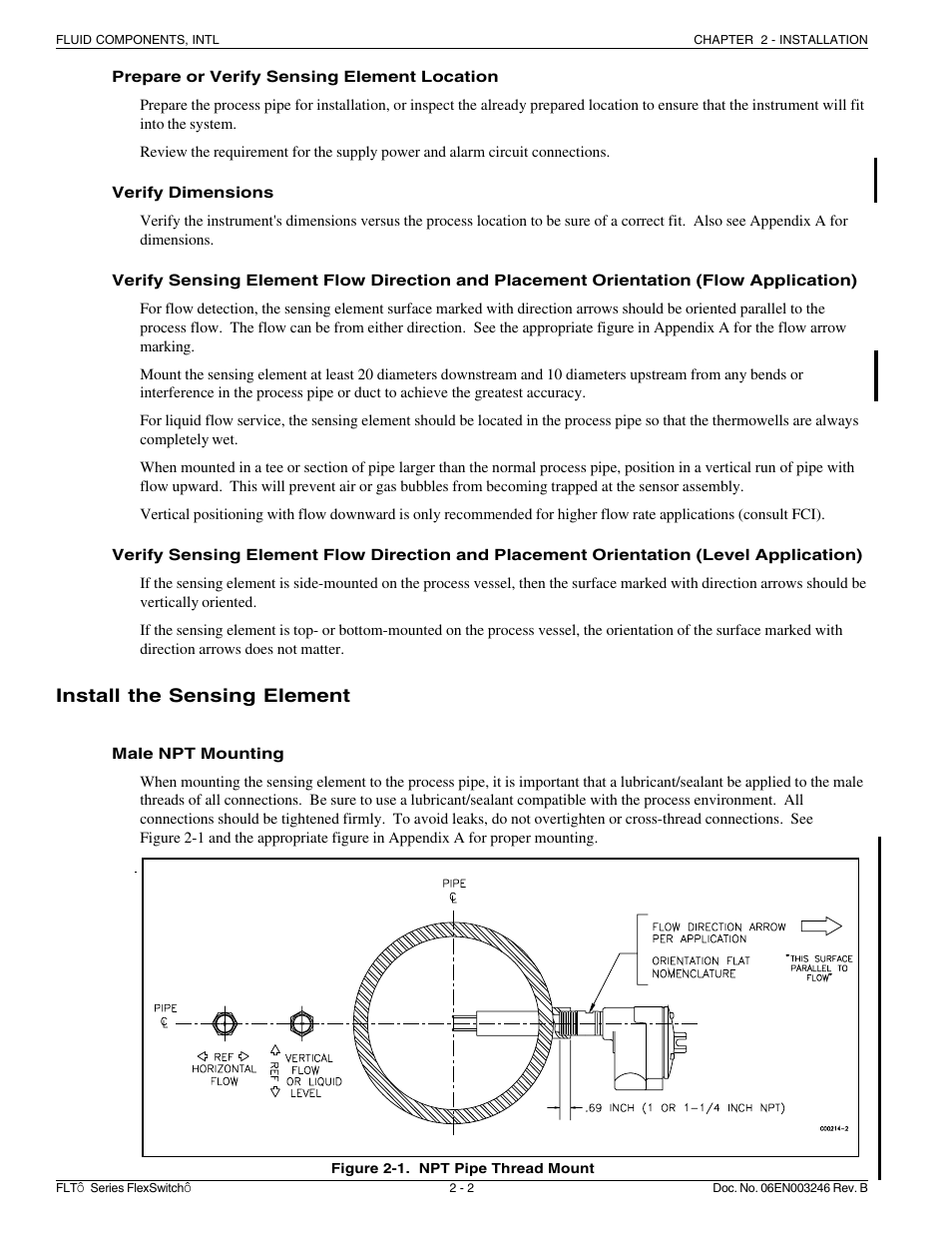 Install the sensing element | Fluid Components International FLT Series User Manual | Page 12 / 65