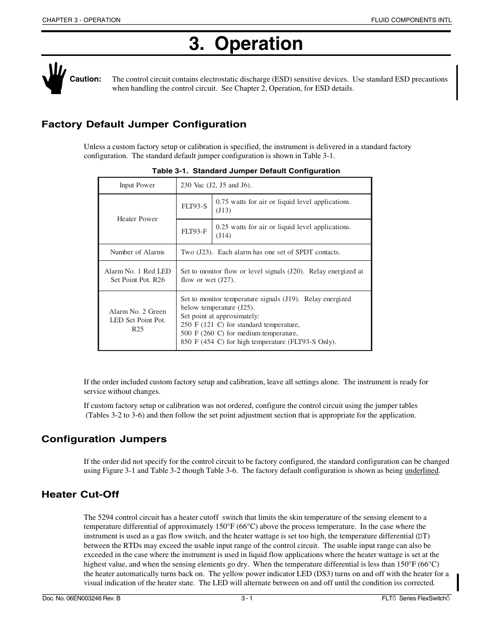 Operation, Factory default jumper configuration, Configuration jumpers | Heater cut-off | Fluid Components International FLT Series User Manual | Page 19 / 65