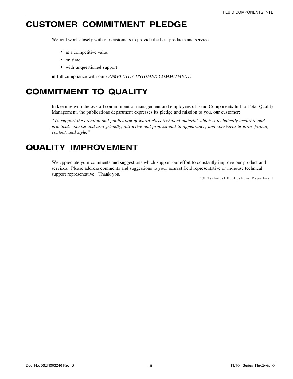 Customer commitment pledge, Commitment to quality, Quality improvement | Fluid Components International FLT Series User Manual | Page 2 / 65