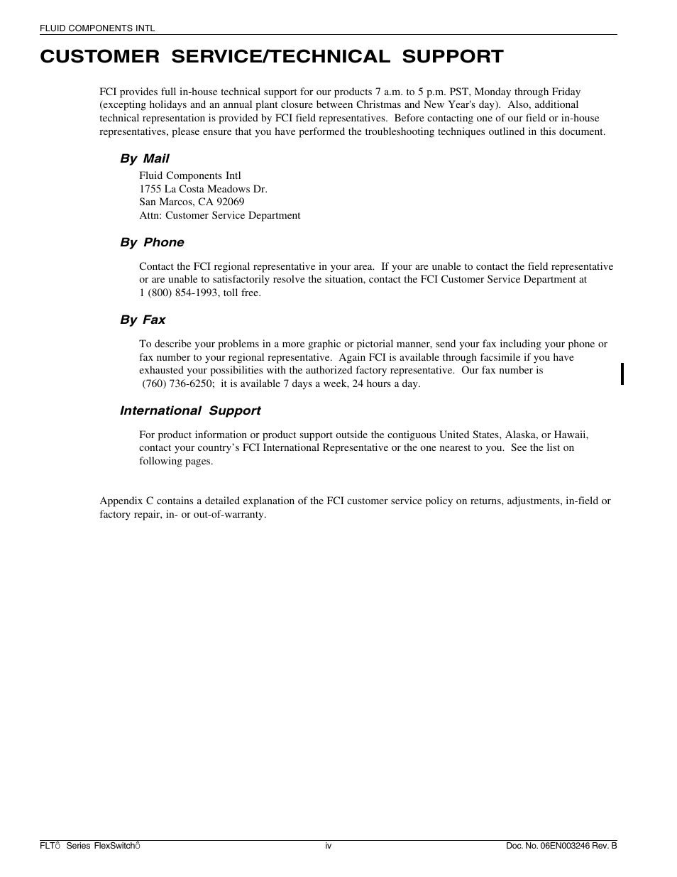Customer service/technical support | Fluid Components International FLT Series User Manual | Page 3 / 65