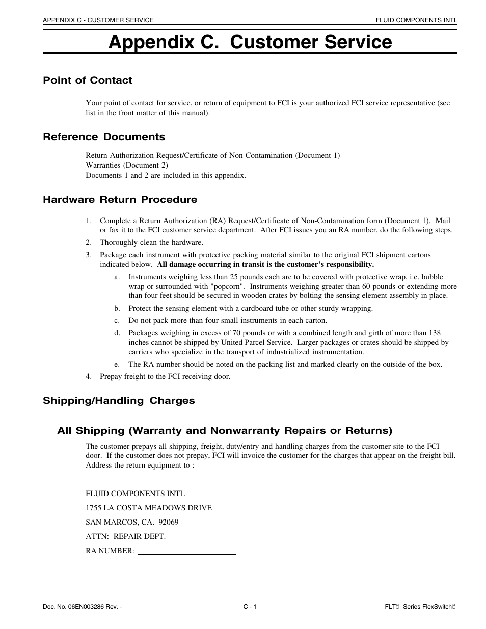 Appendix c. customer service | Fluid Components International FLT Series User Manual | Page 55 / 65