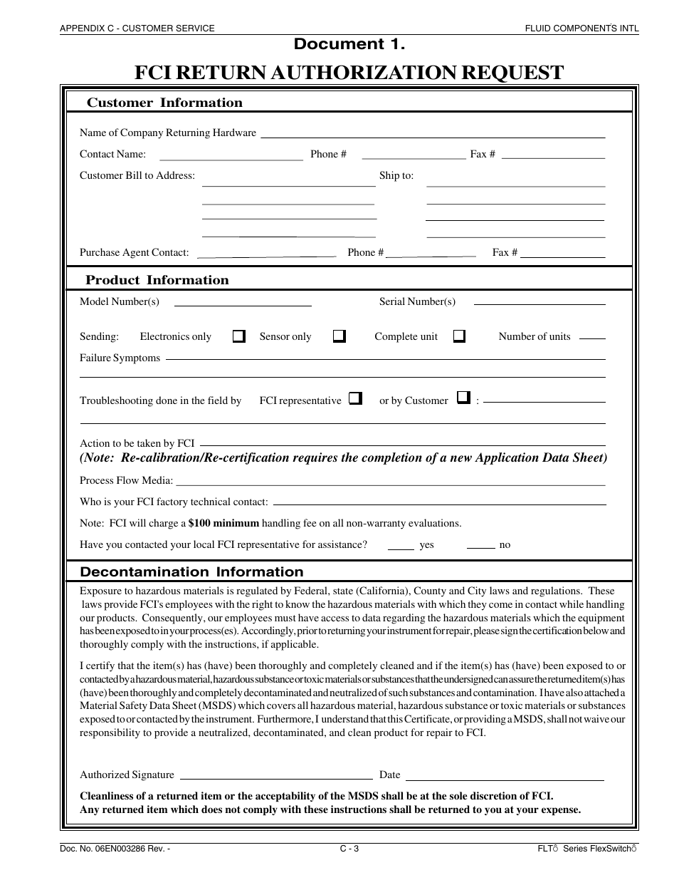 Fci return authorization request, Document 1 | Fluid Components International FLT Series User Manual | Page 57 / 65