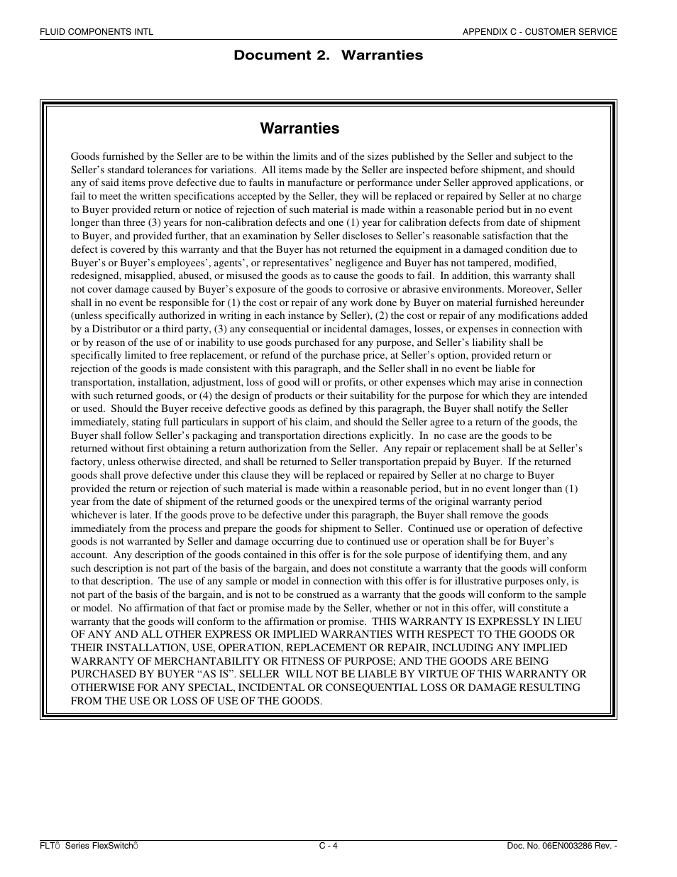 Warranties, Document 2. warranties | Fluid Components International FLT Series User Manual | Page 58 / 65