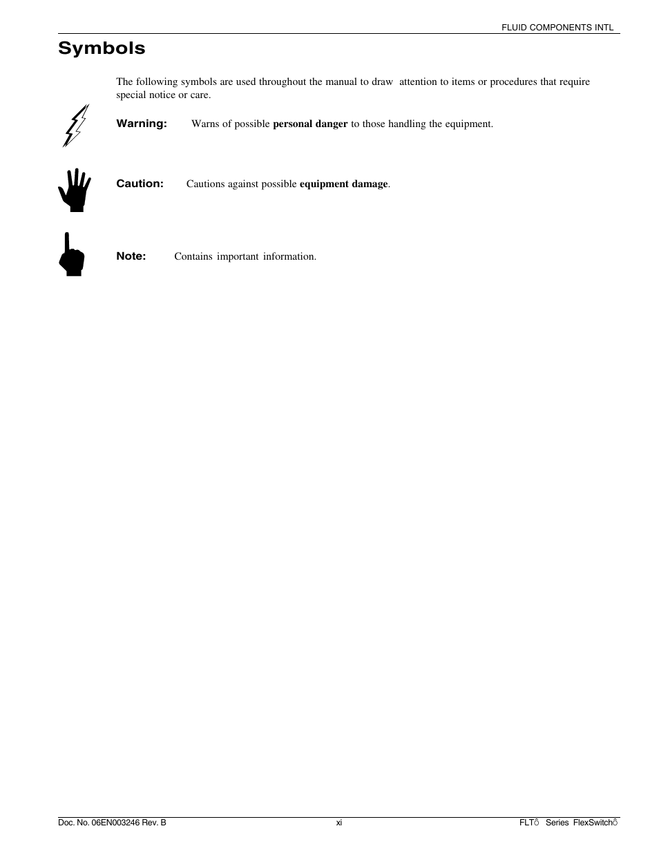 Symbols | Fluid Components International FLT Series User Manual | Page 8 / 65