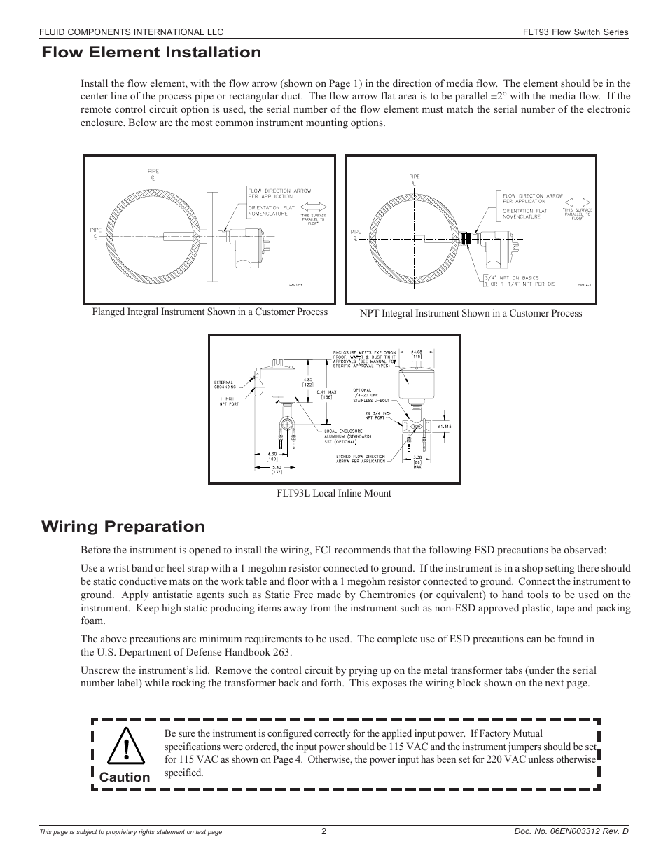 Flow element installation wiring preparation, Caution | Fluid Components International FLT93 User Manual | Page 2 / 12