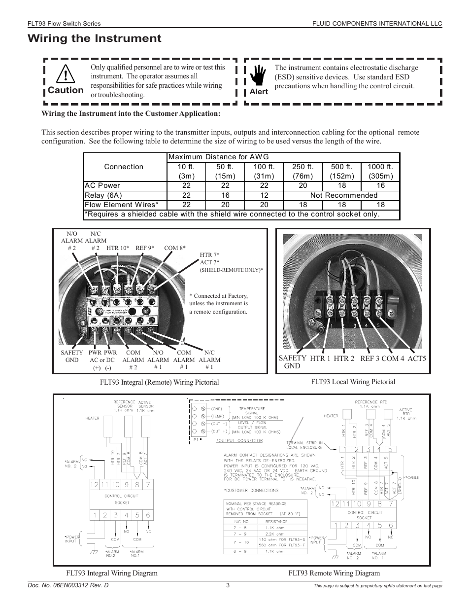 Wiring the instrument, Caution | Fluid Components International FLT93 User Manual | Page 3 / 12