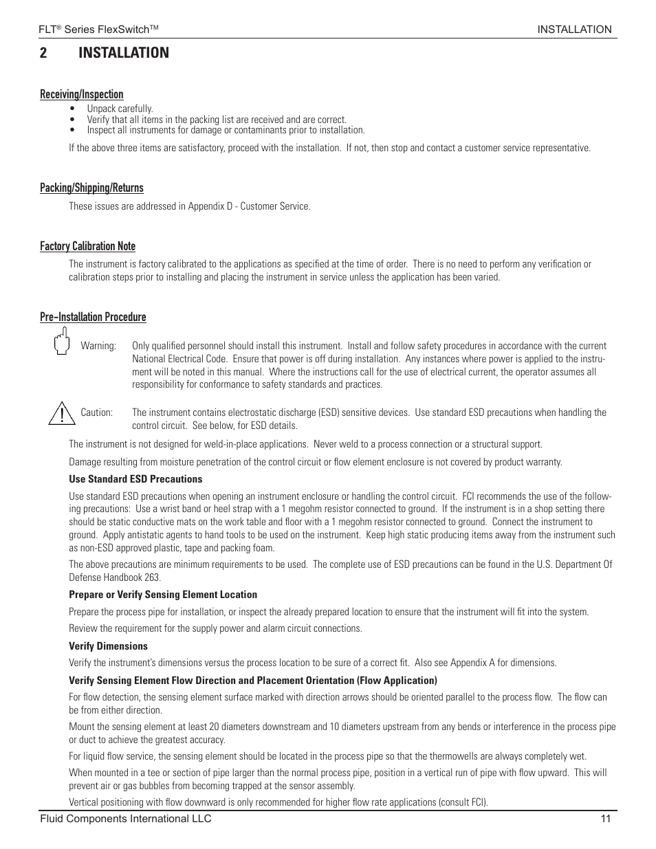 Installation, Pre-installation procedure, 2 installation | Fluid Components International FLT93 Nuclear User Manual | Page 11 / 58