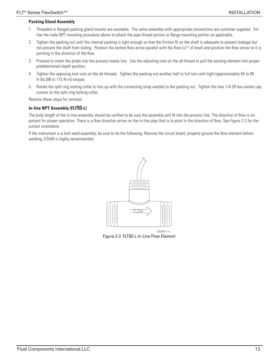 Packing gland assembly, In-line npt assembly [flt93l | Fluid Components International FLT93 Nuclear User Manual | Page 13 / 58