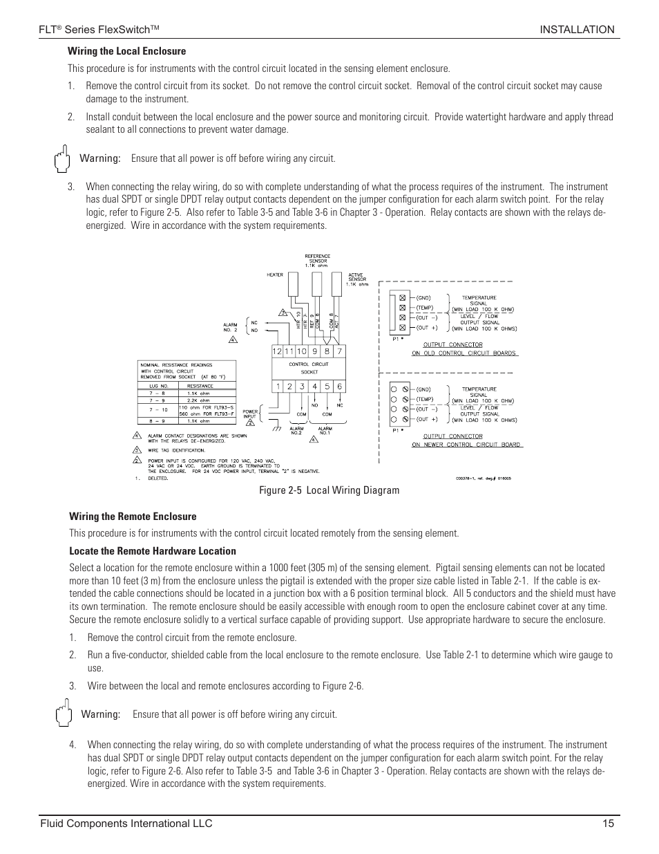 Wiring remote enclosure with auxiliary relay, Wiring the remote enclsoure | Fluid Components International FLT93 Nuclear User Manual | Page 15 / 58