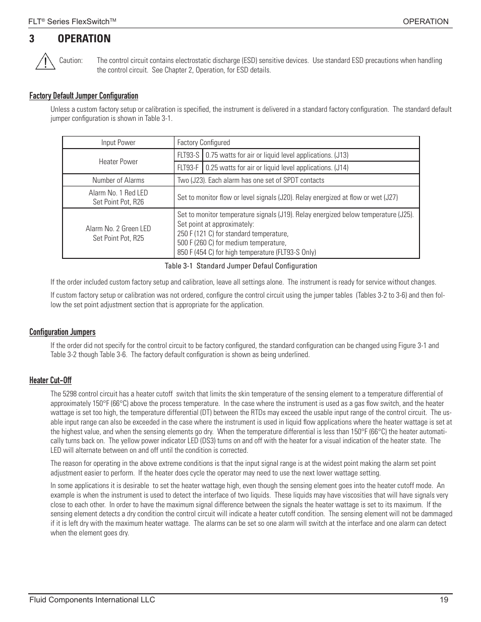 Operation, Factory default jumper configuration, Configuration jumpers | Heater cut-off, 3 operation | Fluid Components International FLT93 Nuclear User Manual | Page 19 / 58