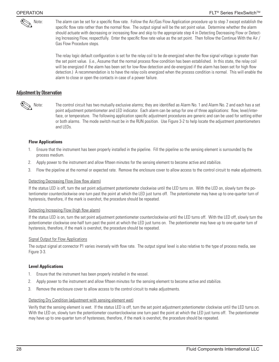Adjustment by observation, Flow applications, Level applications | Fluid Components International FLT93 Nuclear User Manual | Page 28 / 58