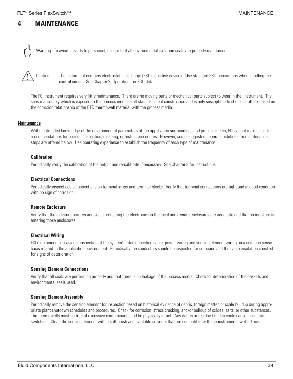 Maintenance, 4 maintenance | Fluid Components International FLT93 Nuclear User Manual | Page 39 / 58