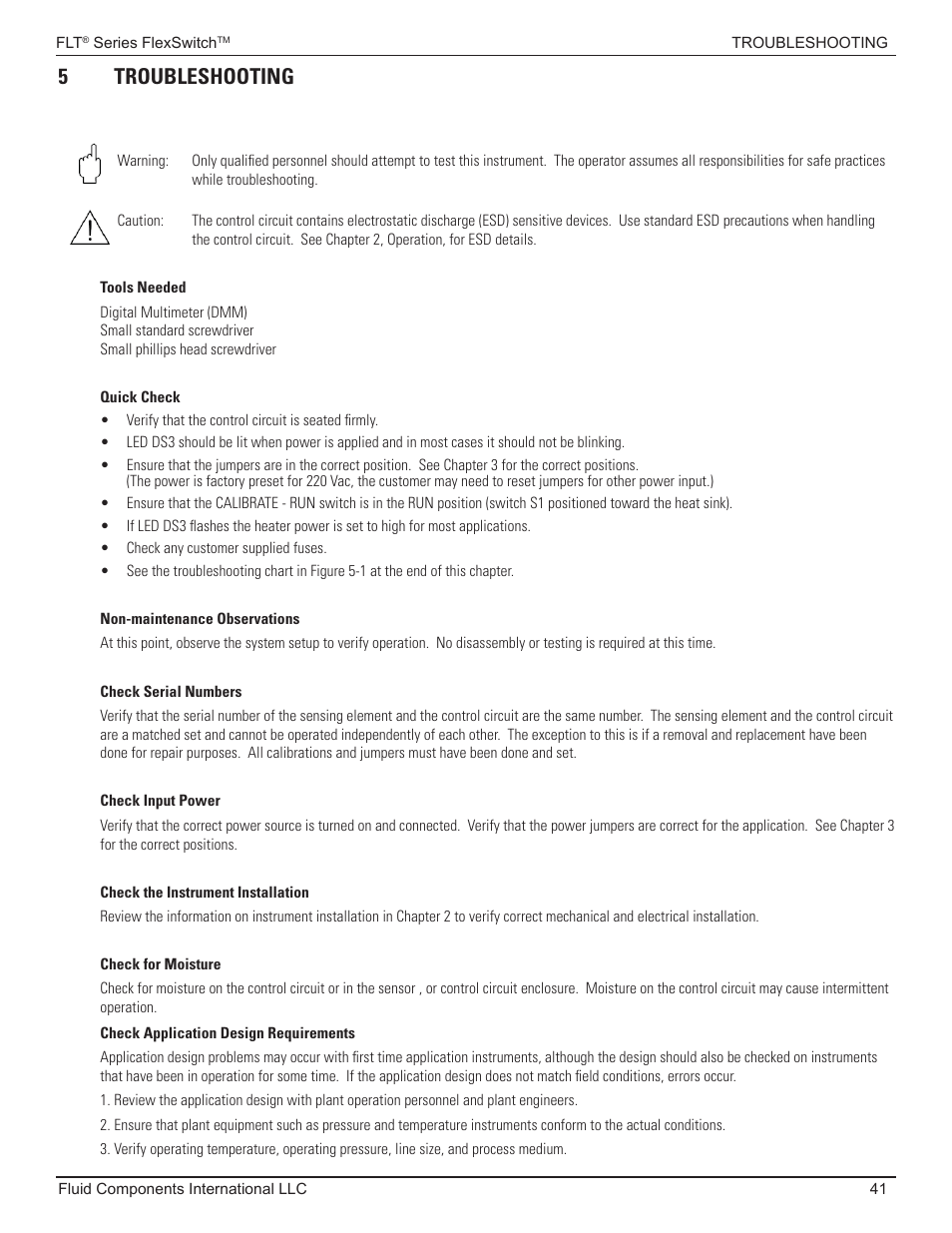 Troubleshooting, Quick check, 5 troubleshooting | Fluid Components International FLT93 Nuclear User Manual | Page 41 / 58