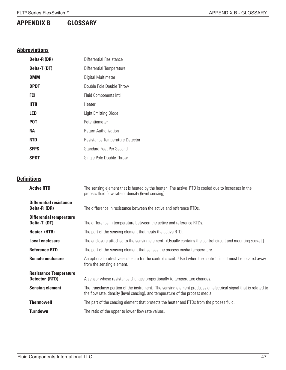 Appendix b - glossary, Appendix b glossary | Fluid Components International FLT93 Nuclear User Manual | Page 47 / 58