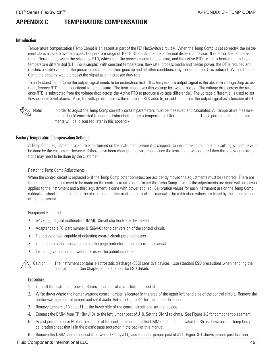 Appendix c - temperature compensation, Factory temp comp settings, Appendix c temperature compensation | Fluid Components International FLT93 Nuclear User Manual | Page 49 / 58