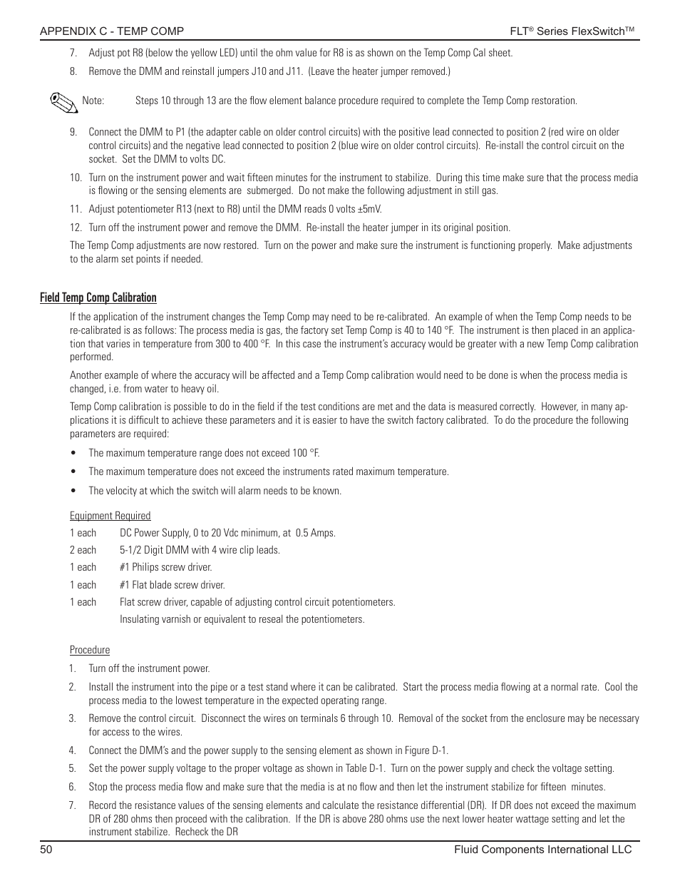 Field temp comp calibration | Fluid Components International FLT93 Nuclear User Manual | Page 50 / 58