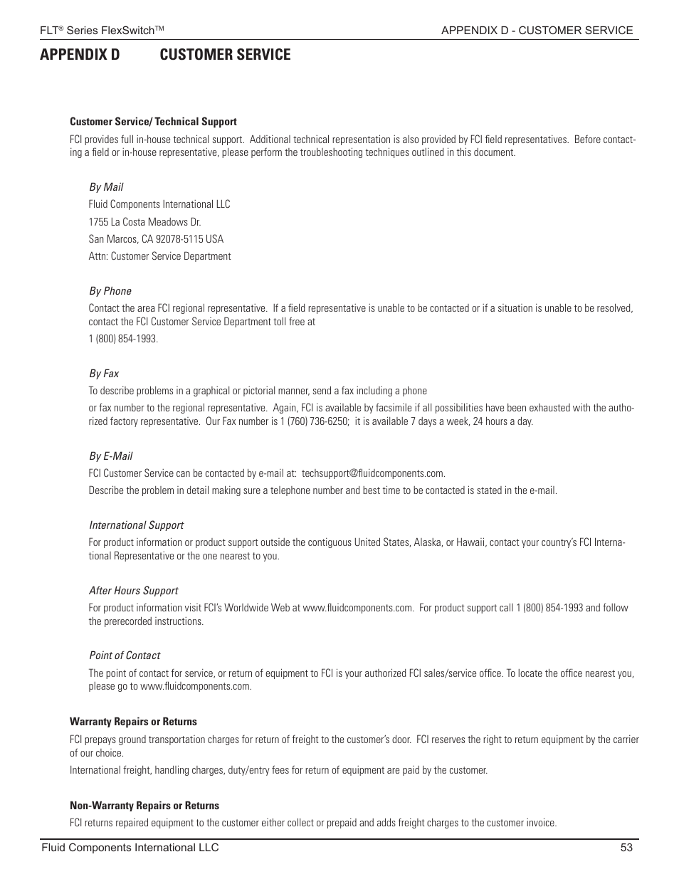 Appendix d - customer service, Appendix d customer service | Fluid Components International FLT93 Nuclear User Manual | Page 53 / 58