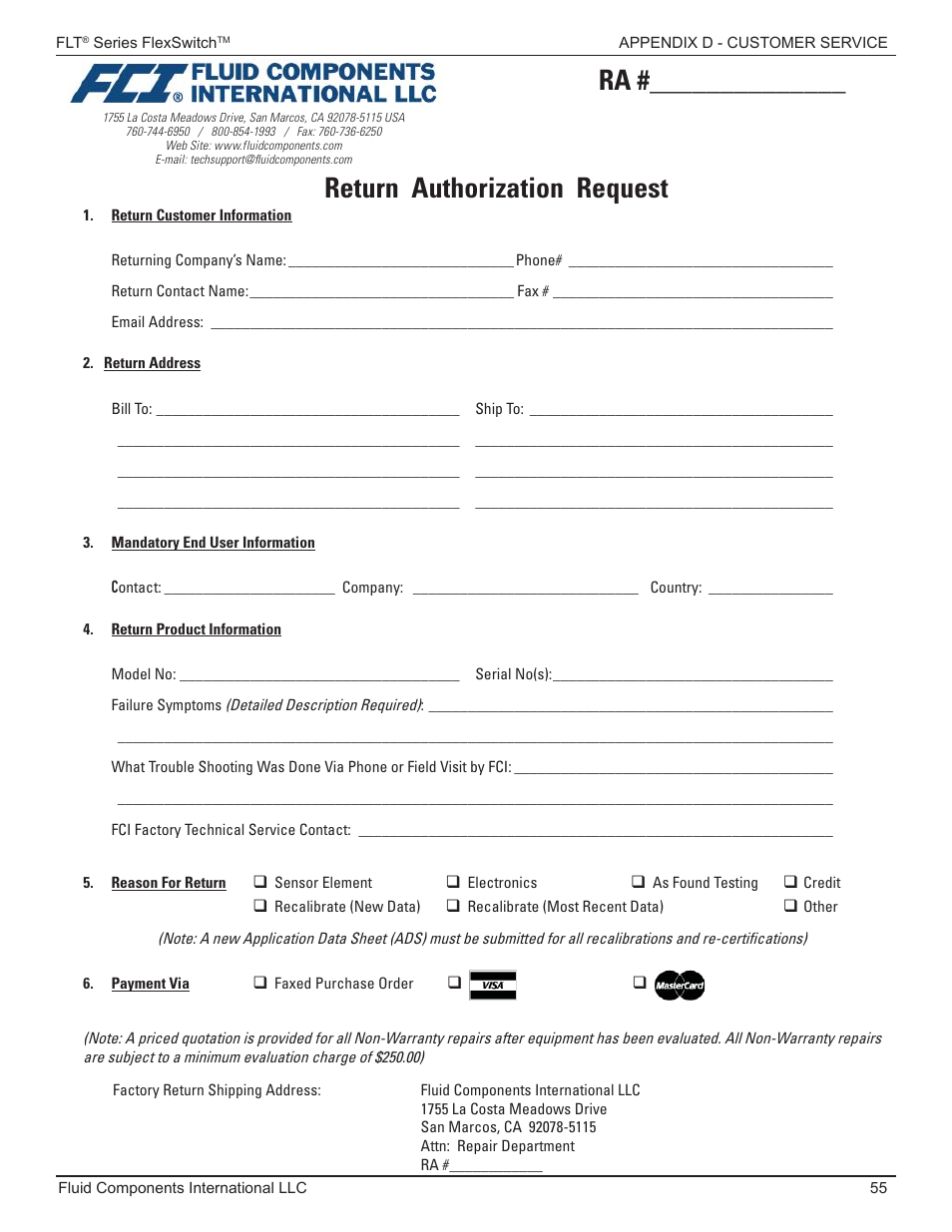 Return authorization request | Fluid Components International FLT93 Nuclear User Manual | Page 55 / 58