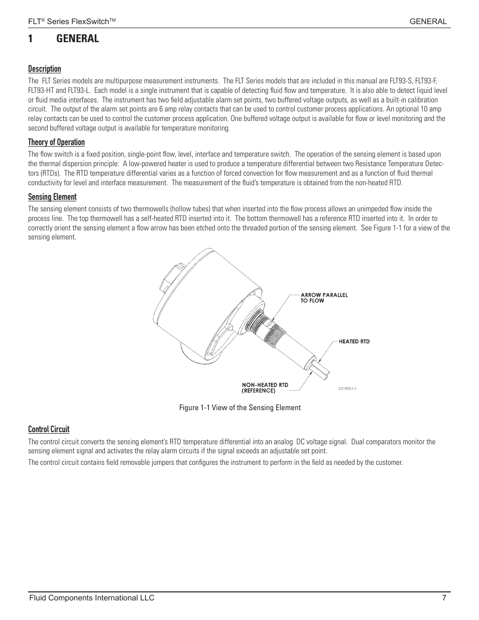 General, Description, Theory of operation | Sensing element, Control circuit, 1 general | Fluid Components International FLT93 Nuclear User Manual | Page 7 / 58