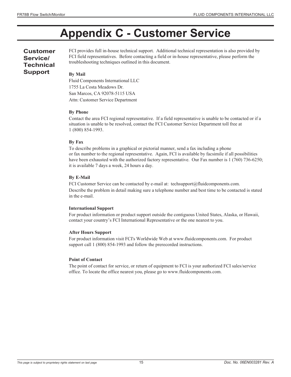 Appendix c - customer service | Fluid Components International FR73B Complete Manual User Manual | Page 15 / 20