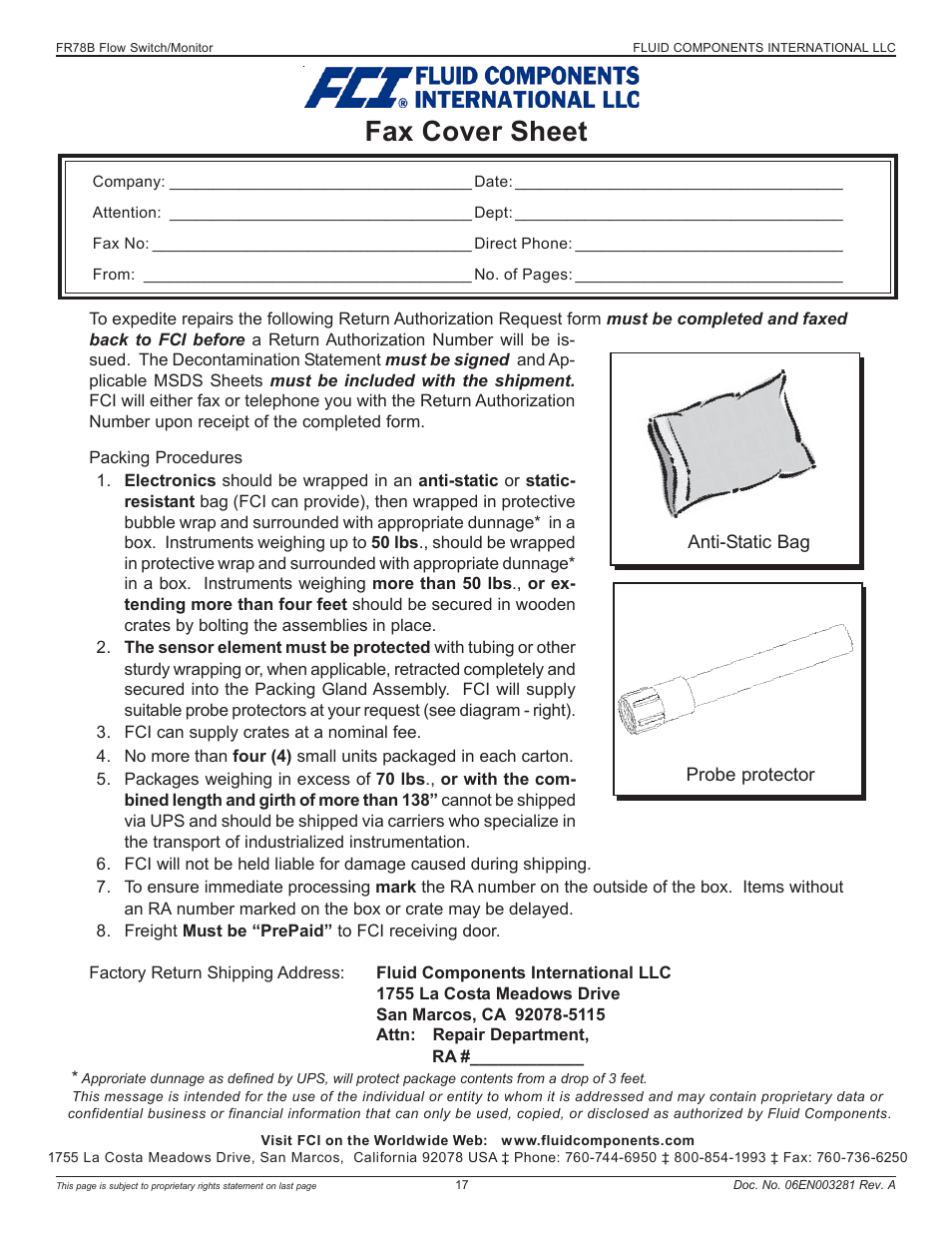 Fax cover sheet | Fluid Components International FR73B Complete Manual User Manual | Page 17 / 20