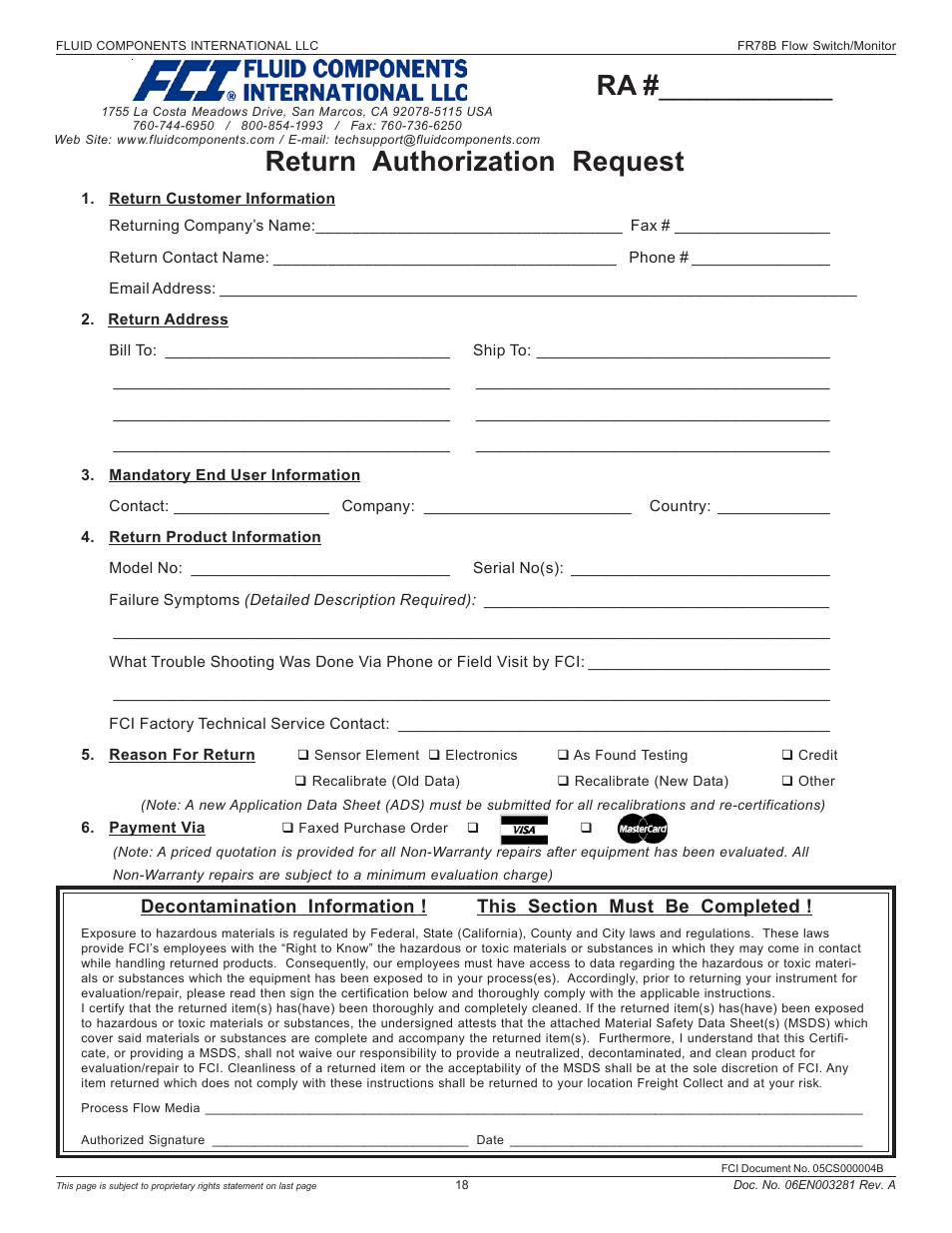 Return authorization request | Fluid Components International FR73B Complete Manual User Manual | Page 18 / 20