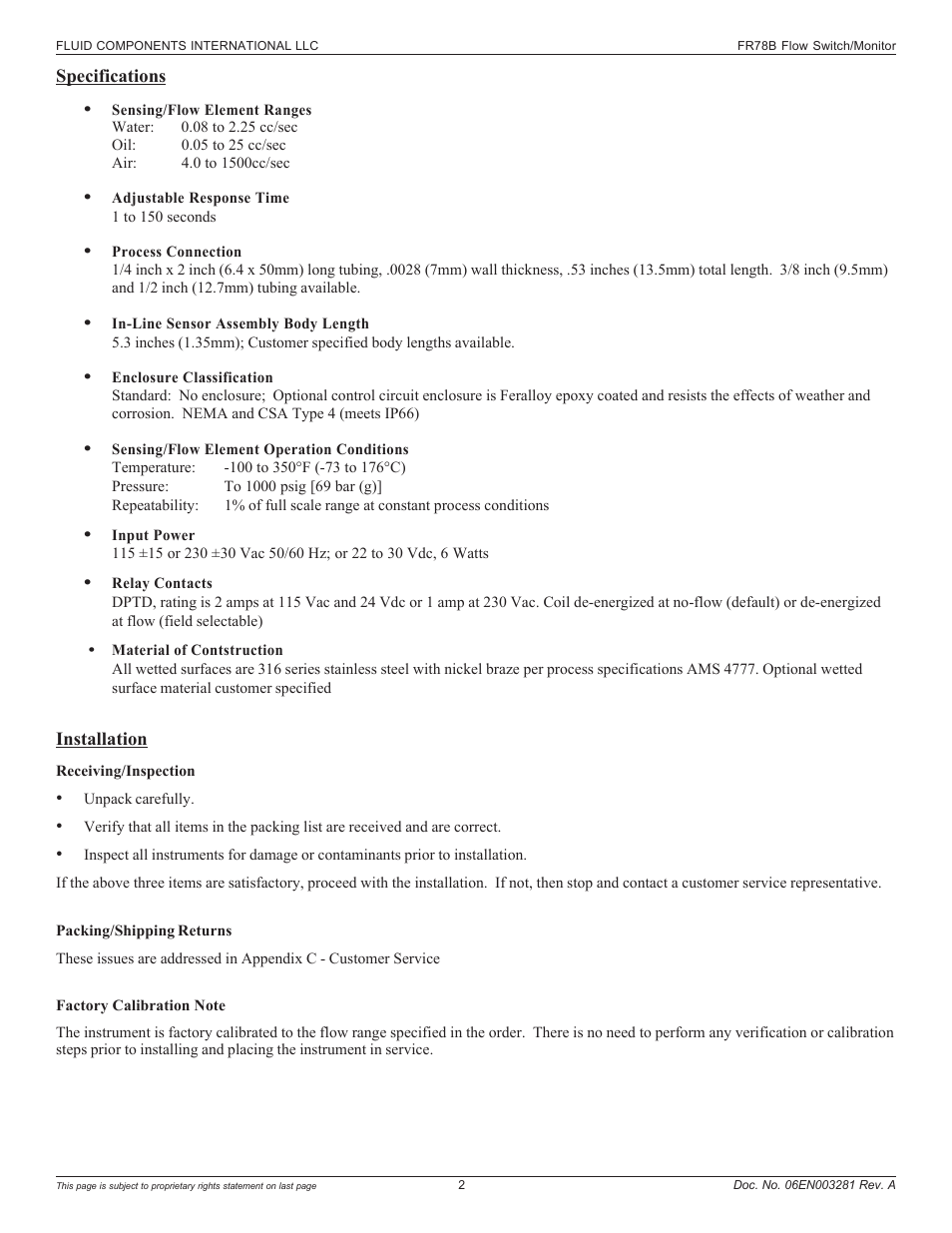 Specifications, Installation | Fluid Components International FR73B Complete Manual User Manual | Page 2 / 20