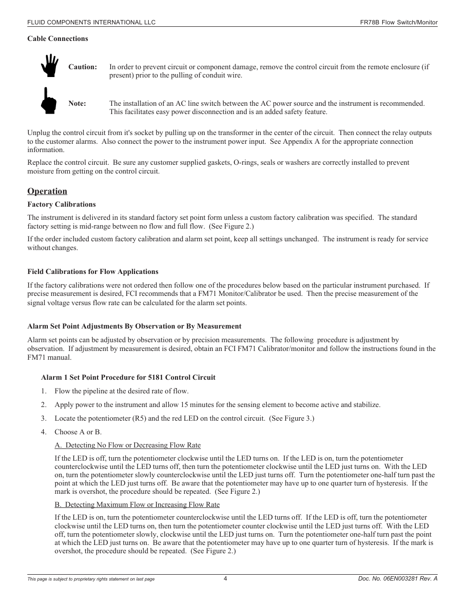 Cable connections, Operation | Fluid Components International FR73B Complete Manual User Manual | Page 4 / 20