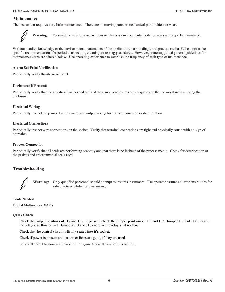 Maintenance, Troubleshooting | Fluid Components International FR73B Complete Manual User Manual | Page 6 / 20