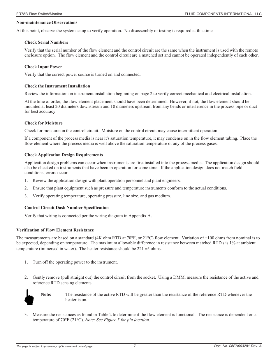 Non-maintenance observations, Verification of flow element resistance | Fluid Components International FR73B Complete Manual User Manual | Page 7 / 20