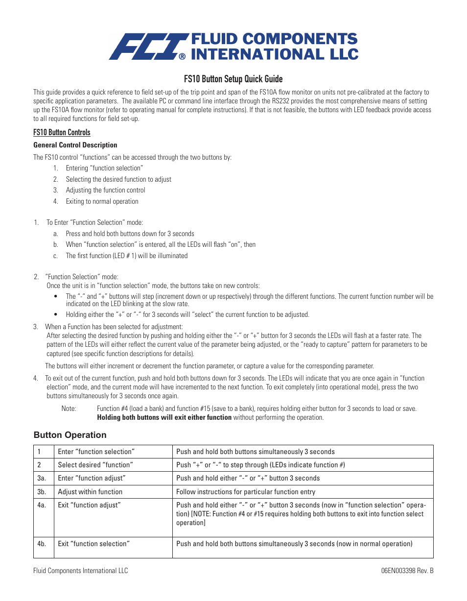 Fluid Components International FS10 Button Setup Quick Guide User Manual | 4 pages