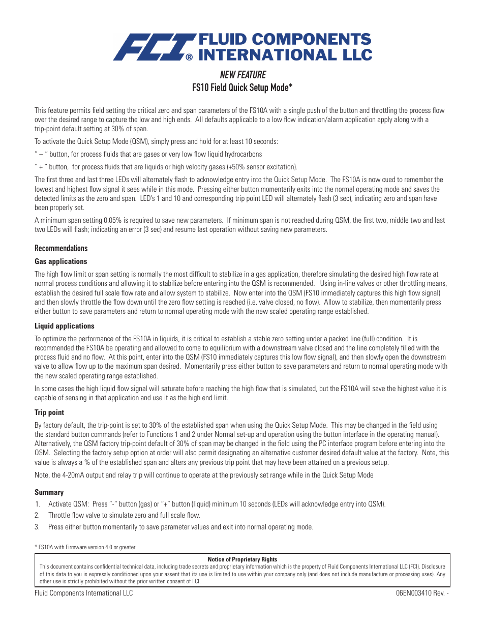 Fluid Components International FS10 Field Quick Setup Mode User Manual | 1 page