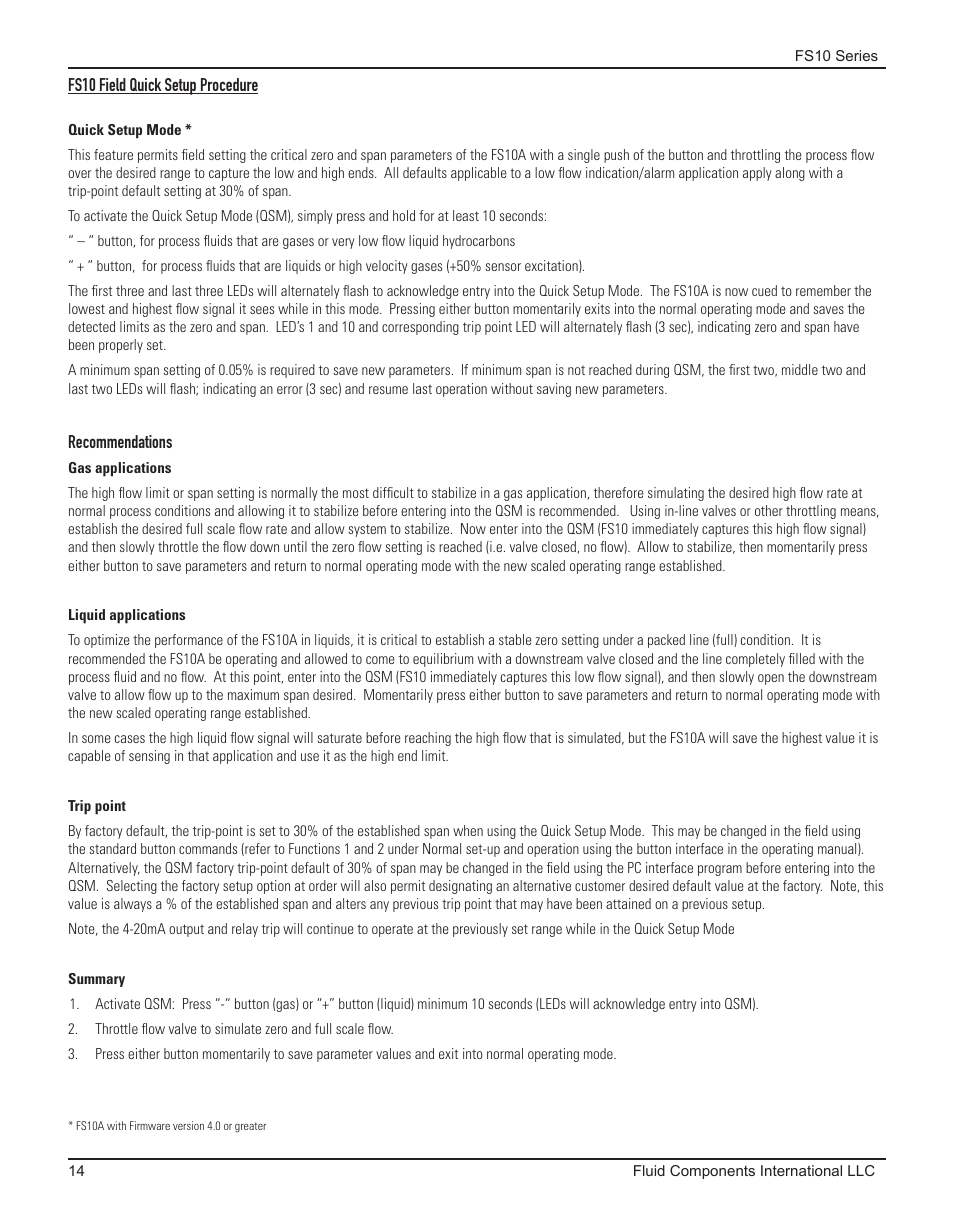 Fs10 field quick setup procedure | Fluid Components International FS10A User Manual | Page 16 / 54