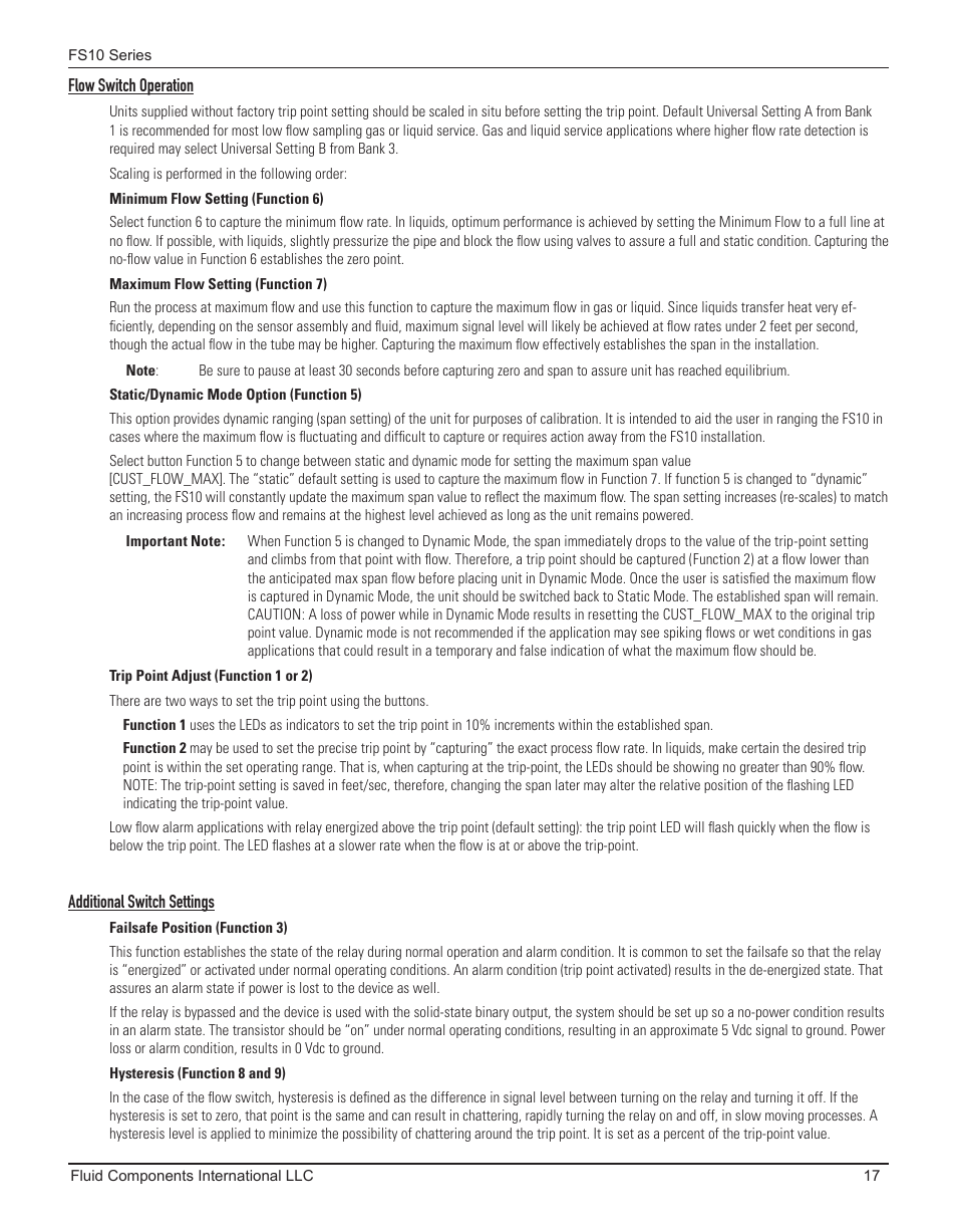 Flow switch operation, Minimum flow setting (function 6), Maximum flow setting (function 7) | Static/dynamic mode option (function 5), Trip point adjust (function 1 or 2), Additional switch settings, Failsafe position (function 3), Hysteresis (function 8 and 9) | Fluid Components International FS10A User Manual | Page 19 / 54