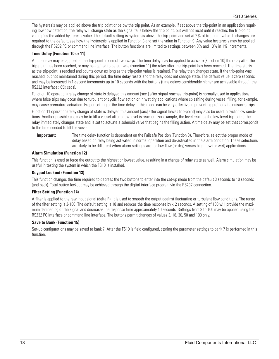 Time delay (function 10 or 11), Alarm simulation (function 12), Keypad lockout (function 13) | Filter setting (function 14), Save to bank (function 15) | Fluid Components International FS10A User Manual | Page 20 / 54