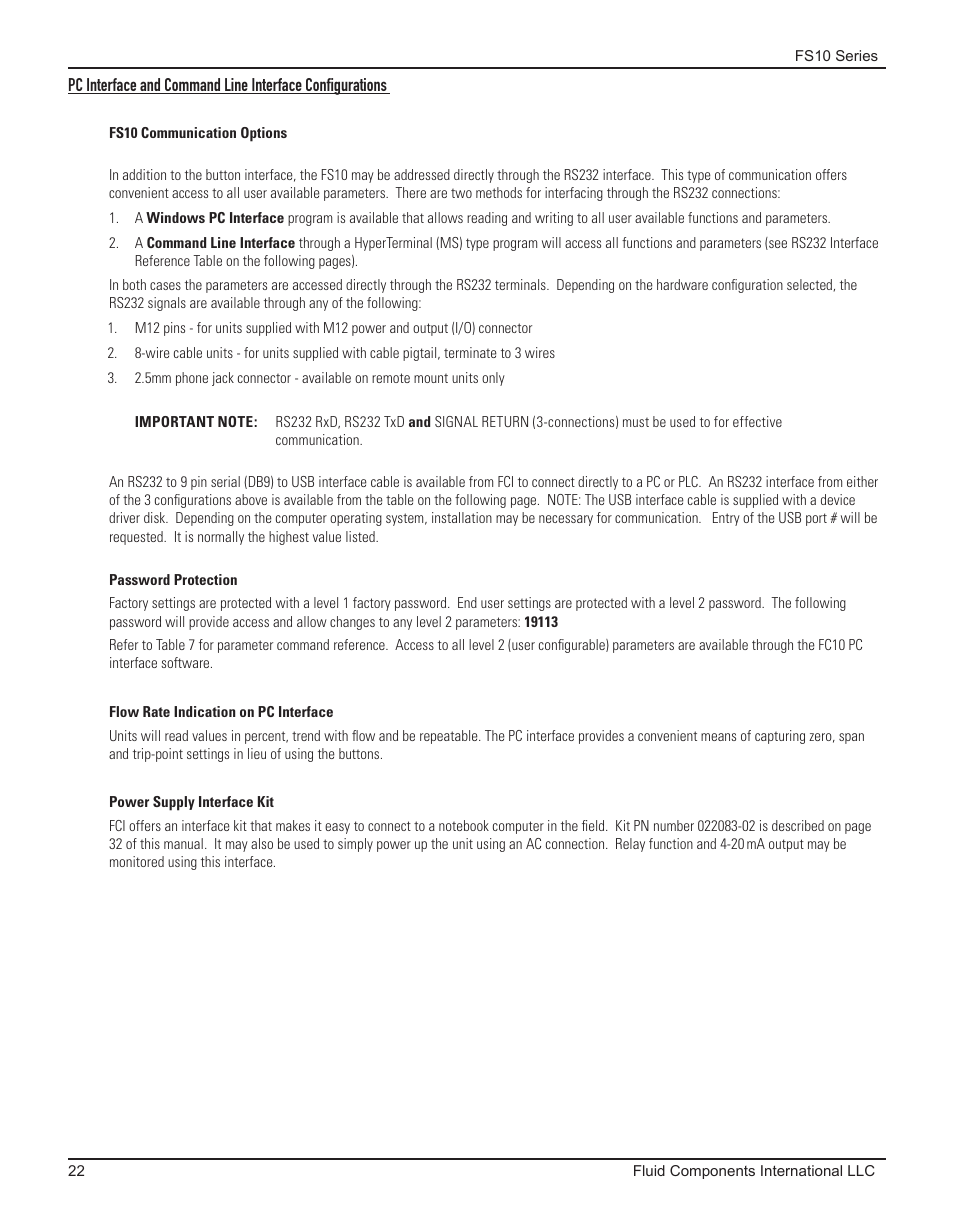 Fs10 communication options, Password protection, Flow rate indication on pc interface | Power supply interface kit | Fluid Components International FS10A User Manual | Page 24 / 54