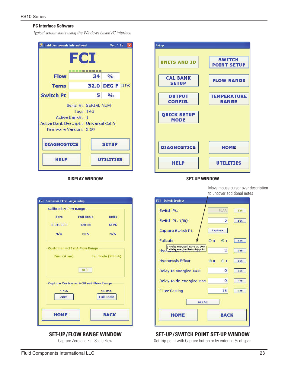 Pc interface software | Fluid Components International FS10A User Manual | Page 25 / 54