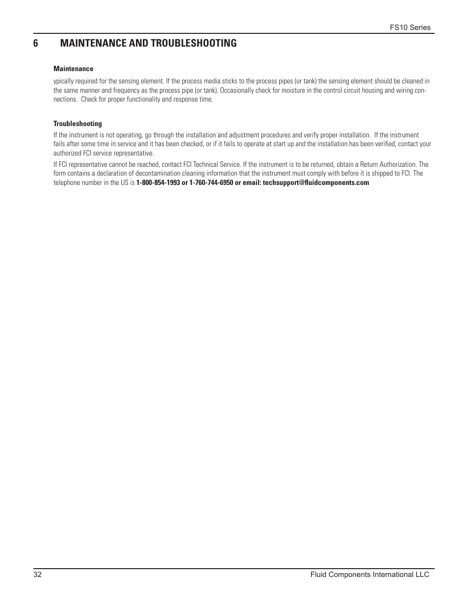 6 maintenance and troubleshooting, Maintenance, Troubleshooting | Maintenance troubleshooting, 6maintenance and troubleshooting | Fluid Components International FS10A User Manual | Page 34 / 54