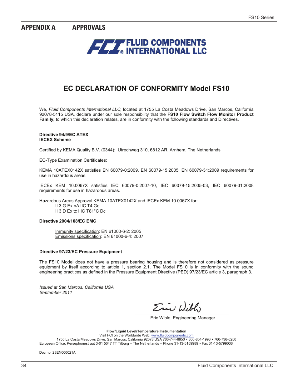 Appendix a approvals, Ec declaration of conformity model fs10 | Fluid Components International FS10A User Manual | Page 36 / 54